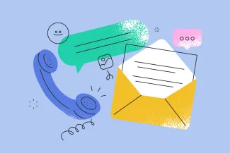 Illustration graphique montrant plusieurs outils de communication : un combiné téléphonique bleu relié par un cordon, une enveloppe jaune ouverte laissant apparaître une lettre, une grande bulle de dialogue verte et de petites icônes représentant des messages. Sur un fond bleu clair, ces éléments symbolisent les échanges, la prise de contact et la communication par téléphone, courrier et messagerie électronique.